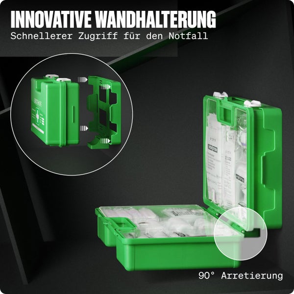 Grüner Erste-Hilfe-Koffer mit Wandhalterung für schnellen Zugriff und 90 Grad Arretierung des Deckels im geöffneten Zustand.