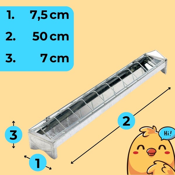 Maße einer Futterraufe aus Metall, 7,5 cm breit, 50 cm lang und 7 cm hoch