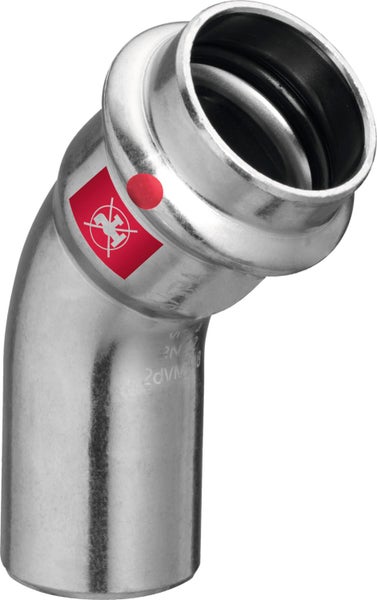 Pressfitting-Bogen 45 Grad aus Edelstahl mit einseitiger Pressverbindung und Einsteckende, nicht für Trinkwasser geeignet.