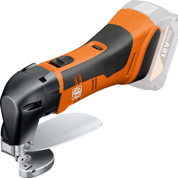 Fein Akku-Blechschere 18 Volt in Orange und Schwarz mit Schneidkopf aus Metall.
