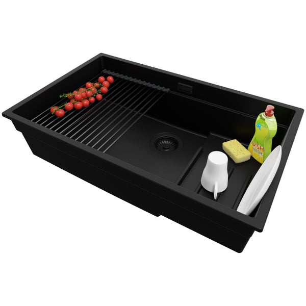 PRIMAGRAN Granitspüle Weiß 53x53cm, Spülbecken Rund 1 Becken + Küchenarmatur 40x20cm + Ablauf-Set + Schneidebrett, Küchenspüle ab 50er Unterschrank - Pisa Max