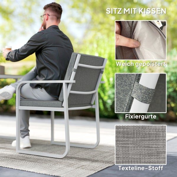 Outsunny Sitzgruppe 3-teilig Essgruppe für 2 Personen Esstisch mit 4 Stühlen Sitzkissen Esszimmergruppe mit Glastisch Küchentisch-Set Balkonmöbel Gartenmöbel für Terrasse, Balkon Esszimmer Hellgrau
