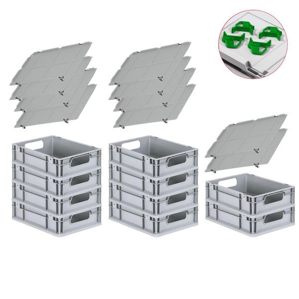 PROREGAL Spar Set 10x Eurobox Nextgen Economy Mit Auflagedeckel & 4x Schiebeschnappverschlüsse Grün Griffe Offen HxBxT 12 x 30 x 40 cm 11 Liter