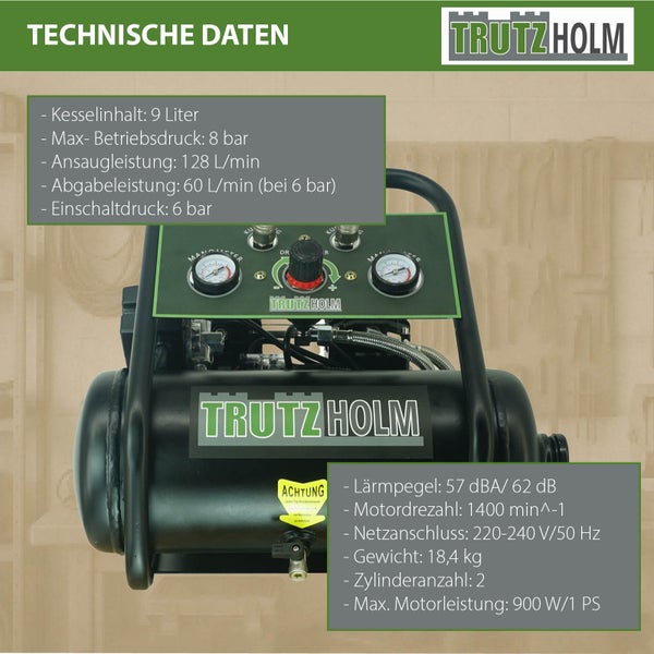 Trutzholm Druckluft-Kompressor: 9 Liter Kessel, 8 bar Druck, 900 Watt, 57 Dezibel, 128 Liter pro Minute Ansaugleistung, Gewicht 18,4 Kilogramm.