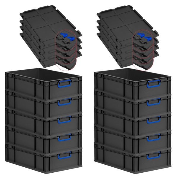 PROREGAL SuperSparSet 10x Eurobox NextGen Color mit Scharnierdeckel und Schiebeschnappverschlüssen, HxBxT 17x40x60cm, 34 Liter, Schwarz, Griffe blau geschlossen, Eurobehälter, Transportbox, Transportbehälter, Stapelbehälter