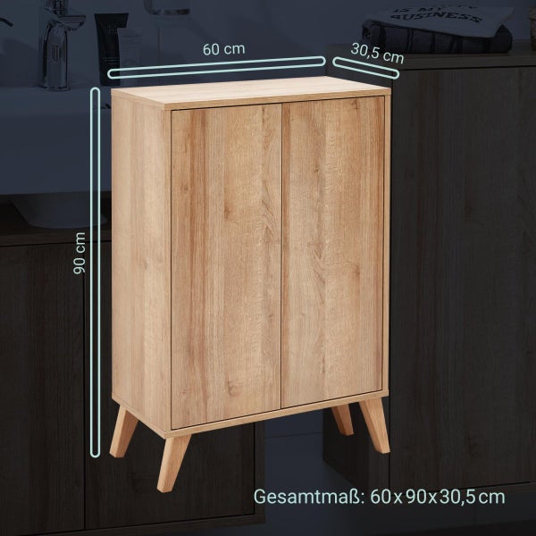 FACKELMANN FINN Badmöbel Set 2 Teile / Doppel-Midischrank mit Push-to-Open fürs Bad / 4 Holzfüße / Badschrank mit 2 Türen / Korpus & Front: Braun hell / Rahmendekor & Füße: Braun hell / Breite: 60 cm