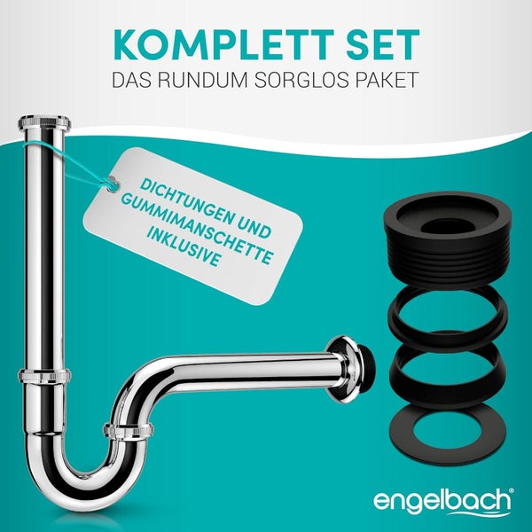 Engelbach® Siphon für Waschbecken - Extra Lang 200mm -  1 1/4 inkl. Gummimanschette mit Montage-Video