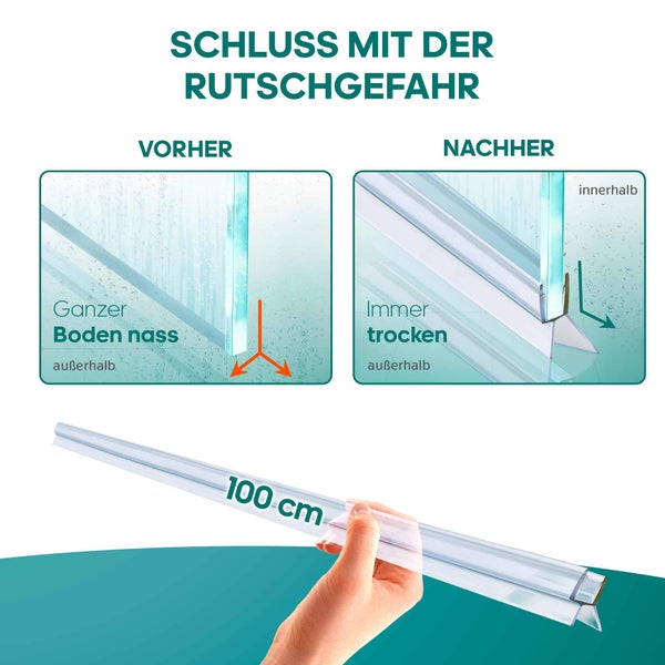 Vorher-Nachher-Vergleich einer Duschtür mit transparenter Dichtung. Die 100 Zentimeter lange Dichtung hält den Boden trocken und verhindert Wasseraustritt.