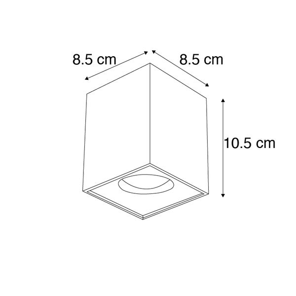 Technische Zeichnung einer quadratischen Deckeneinbauleuchte mit den Maßen 8,5 cm x 8,5 cm x 10,5 cm.