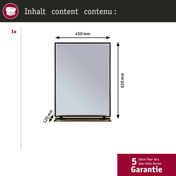 Spiegel mit Ablage, Breite 450 Millimeter, Höhe 620 Millimeter, Tiefe 120 Millimeter, 5 Jahre Garantie.