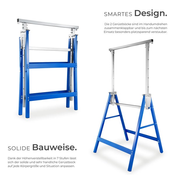 Klappbarer und in 7 Stufen höhenverstellbarer Gerüstbock in Blau und Silber, dargestellt im zusammengeklappten und aufgestellten Zustand.