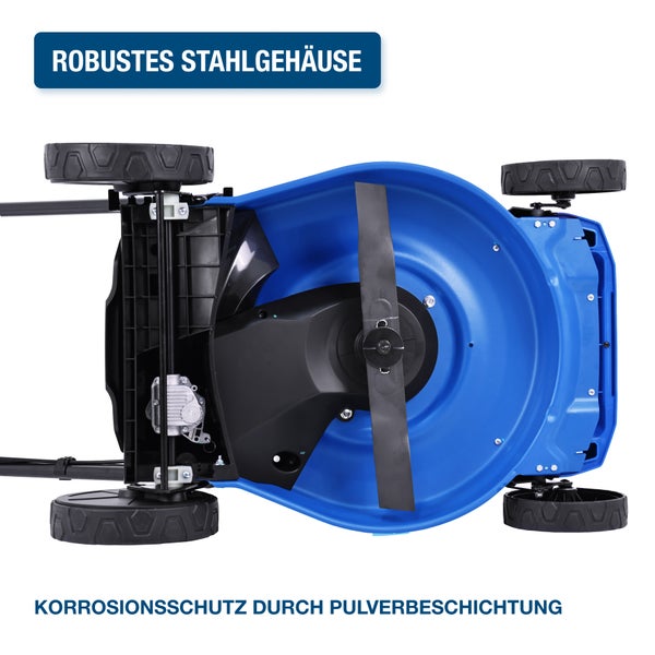 Rasenmäher mit robustem Stahlgehäuse und Korrosionsschutz durch Pulverbeschichtung