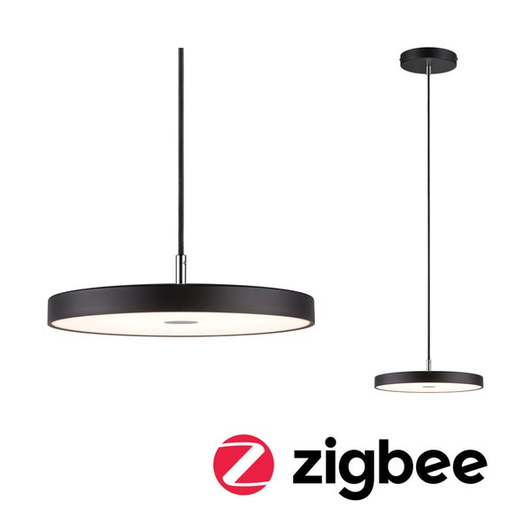 Schwarze LED-Pendelleuchte in flacher, runder Scheibenform, Zigbee Logo.