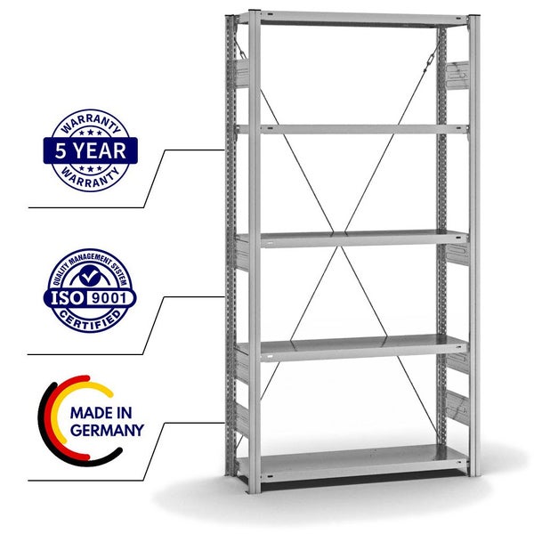 PROREGAL Fachbodenregal Stecksystem T-Profil Heavy-Duty Grundregal HxBxT 200 x 100 x 30 cm 5 Ebenen Fachlast 300 kg Einseitig Nutzbar Verzinkt