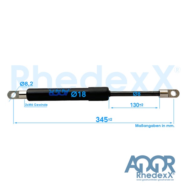 Gasdruckfeder von RhedexX mit Maßangaben: Gesamtlänge 345 Millimeter, Hub 130 Millimeter, Durchmesser 18 Millimeter, zwei M6 Gewinde, RhedexX Logo.