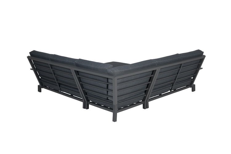 Ecklounge-Sofa Rückansicht mit Metallgestell und dunklen Polstern für den Außenbereich.