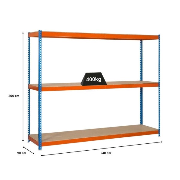 Schwerlastregal WOOD BEAST THREE | HxBxT 200x240x90cm | 3 Ebenen | Fachlast 400kg | Blau-Orange | Weitspannregal Werkstattregal Lagerregal Kellerregal Gargenregal