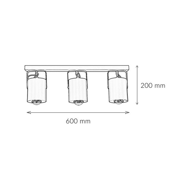 Abbildung der Maße einer Dreifach-Deckenleuchte: 600 mm breit und 200 mm hoch.