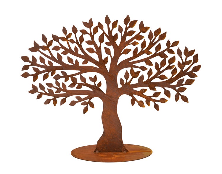 Dekorativer Baum aus Metall mit Edelrost Patina als Garten oder Wohnaccessoire.