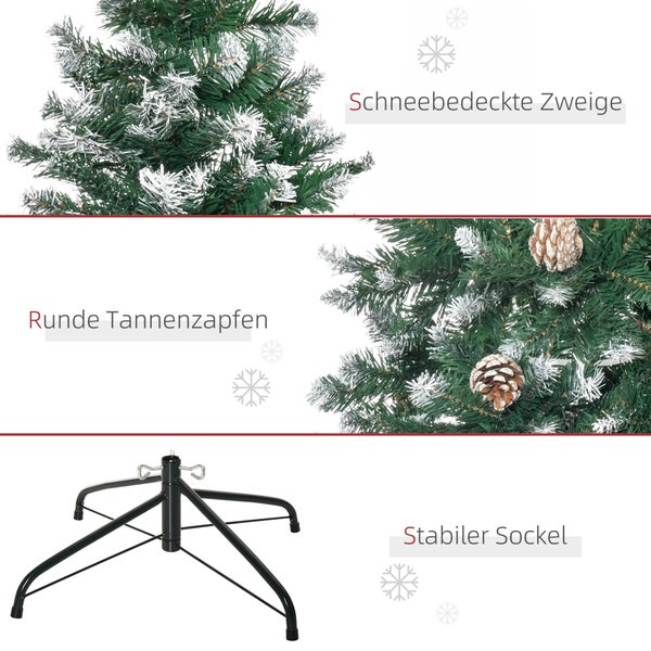 Künstlicher Weihnachtsbaum mit schneebedeckten Zweigen, runden Tannenzapfen und stabilem Metallständer.