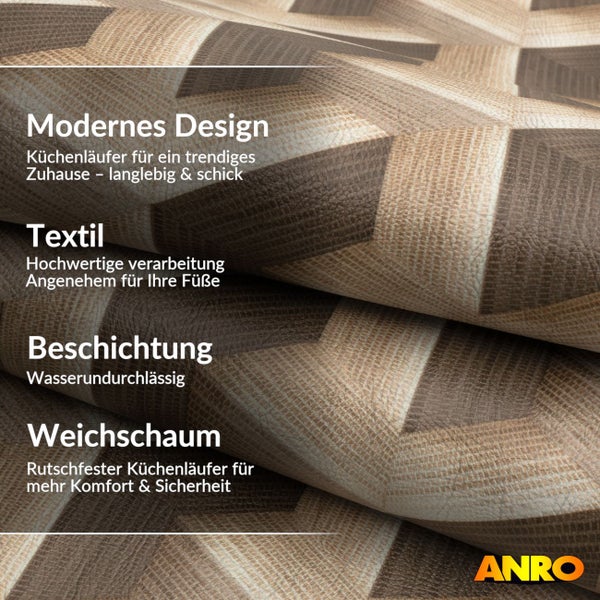 ANRO Küchenläufer aus Weichschaum mit Textiloberfläche, dreidimensionales geometrisches Muster, rutschfest und wasserundurchlässig. ANRO Logo.