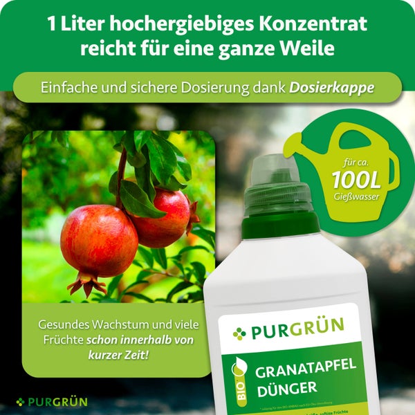 PURGRÜN Granatapfeldünger flüssiges Bio Konzentrat in der 1 Liter Flasche mit Dosierkappe für zirka 100 Liter Gießwasser für kräftiges Wachstum.