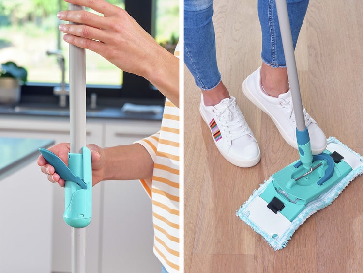 Leifheit Set CLEAN TWIST Flachwischer Ergo 2.0 mit Kraftreiniger, Bodenwischer mit Mikrofaser Bezug für nebelfeuchte Reinigung auf Laminat und Fliesen, Wischmopp mit Schleudertechnologie