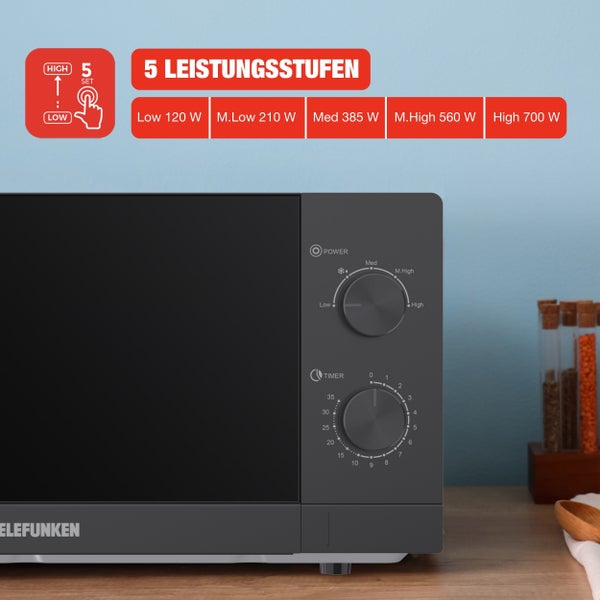 Telefunken Mikrowelle Solo Mikrowellengerät klein mit 20 L Garraum 700 W 5 Leistungsstufen schwarz B-MW-20-G-B