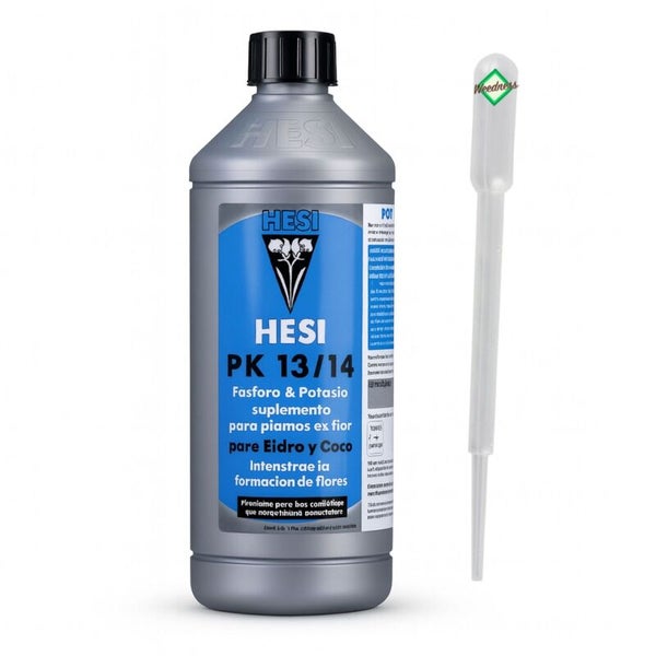 HESI PK 13/14 Dünger für die Blütephase in Kunststoffflasche mit Pipette und Weedness Logo.