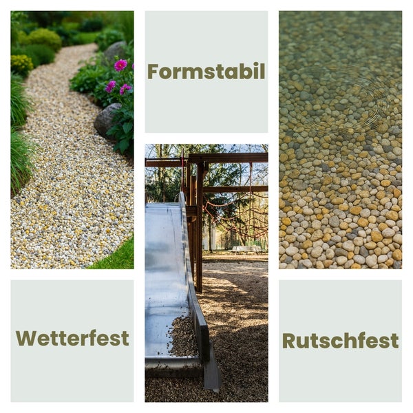 Collage mit Kieswegen, einem Spielplatz und der Kennzeichnung formstabil, wetterfest und rutschfest