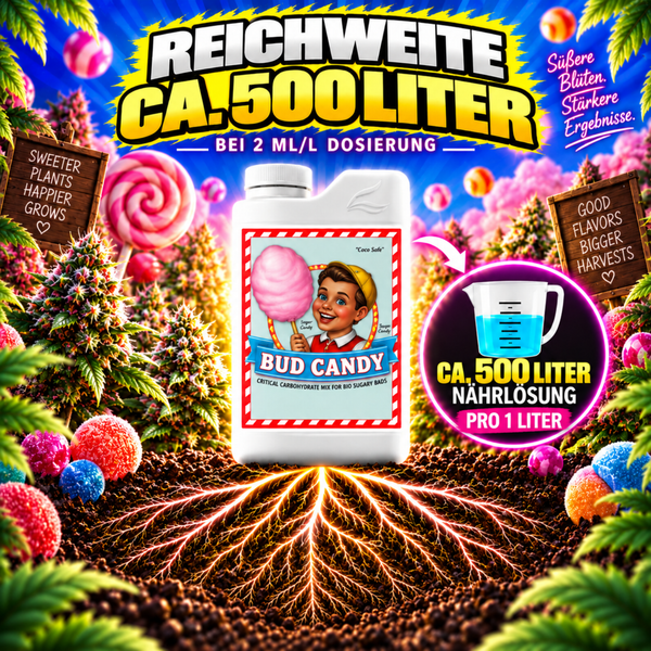 Bud Candy Pflanzendünger in der Kunststoffflasche mit Angaben zur Reichweite von etwa 500 Liter Nährlösung bei 2 Milliliter pro Liter Dosierung.