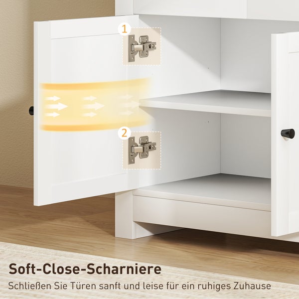 Weißer Schrank mit geöffneter Tür und zwei Soft-Close-Scharnieren aus Metall für sanftes und geräuscharmes Schließen.