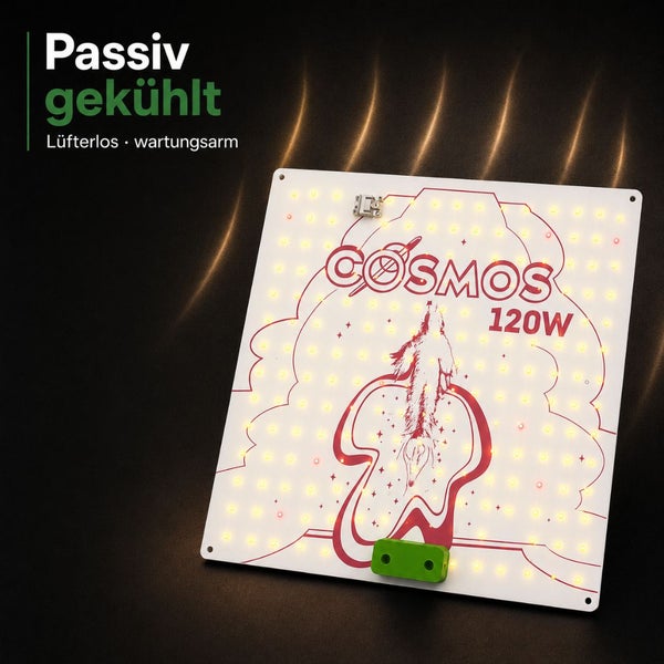 LED Grow Light Panel COSMOS 120 Watt, passiv gekühlt, lüfterlos und wartungsarm. Quadratische Pflanzenlampe mit zahlreichen LEDs.