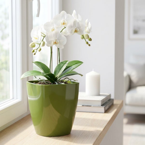 Weißer Phalaenopsis Orchidee in einem glänzenden Pflanztopf auf einer Fensterbank