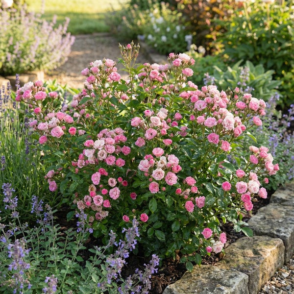 Blühender Rosenstrauch mit kleinen rosa Blüten in einem Gartenbeet mit Natursteinkante und Lavendel.