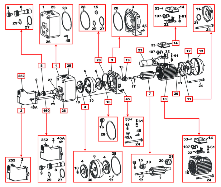 Explosionszeichnung einer Pumpe mit Einzelteilen und Nummern