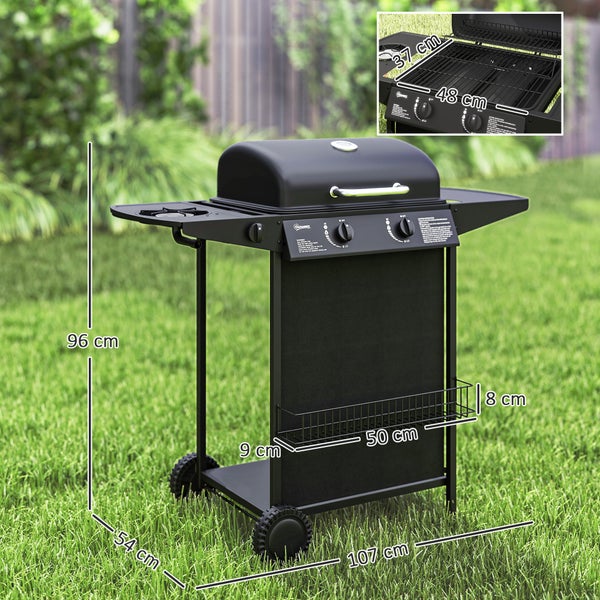 Outsunny Gasgrill 7 KW Grillwagen inkl 3 Brenner Seitenkocher Rolle Druckminderer Deckel Gasschlauch 2 Heizzonen Thermometer Seitenablagen, BBQ Gartengrill für Balkon, Grill 107 x 54 x 96 cm