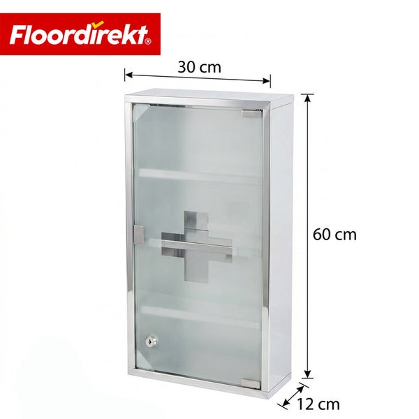 Arzneischrank aus Edelstahl und mattiertem Glas, abschließbar, drei Fächer, Maße 30 mal 60 mal 12 Zentimeter, Floordirekt Logo.