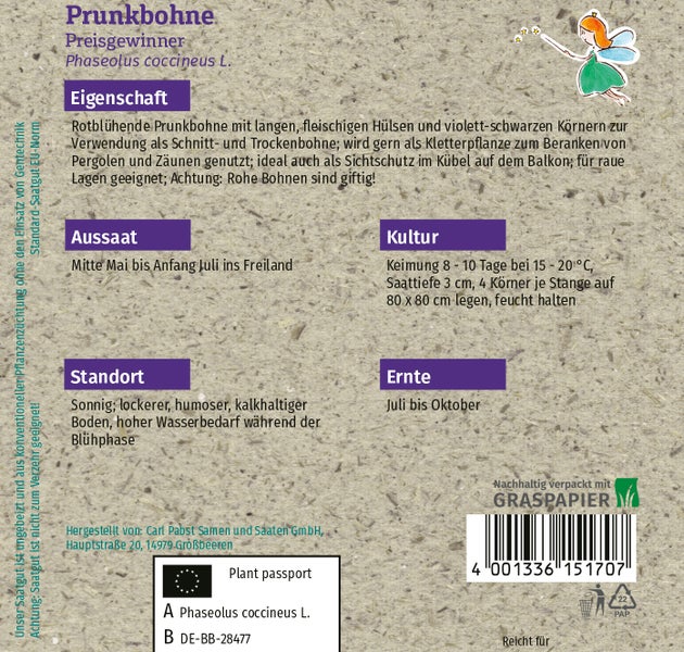 Rückseite der Samentüte für Prunkbohne Preisgewinner mit Anbau- und Pflegehinweisen auf nachhaltiger Verpackung aus Graspapier.