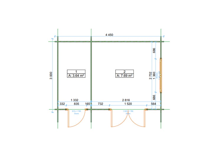 Technischer Grundriss eines Gartenhauses mit zwei Räumen von drei Komma sechs vier und sieben Komma sechs neun Quadratmetern. Maße in Millimetern.