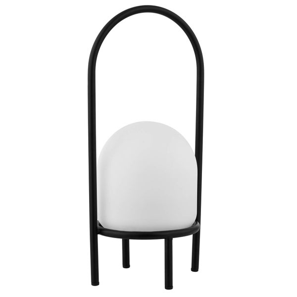 Moderne Tischleuchte mit schwarzem Metallrahmen und weißem, gewölbtem Diffusor.