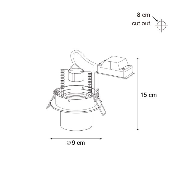 Technische Zeichnung eines Einbaustrahlers mit den Maßen 9 cm Durchmesser, 8 cm Ausschnitt und 15 cm Höhe.