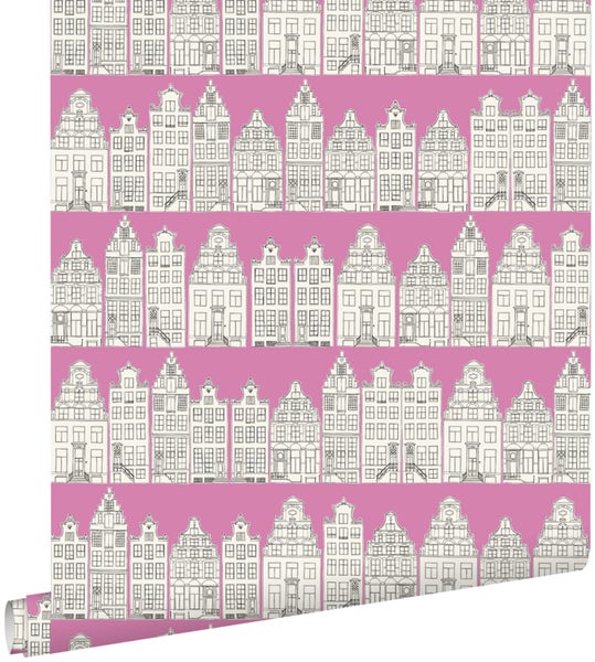 ESTAhome Tapete Amsterdamer Grachtenhäuser Rosa - 53 cm x 10.05 m - 137714