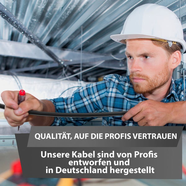 Handwerker mit Schutzhelm verlegt ein Kabel. Text: Qualität, auf die Profis vertrauen, entworfen und hergestellt in Deutschland.