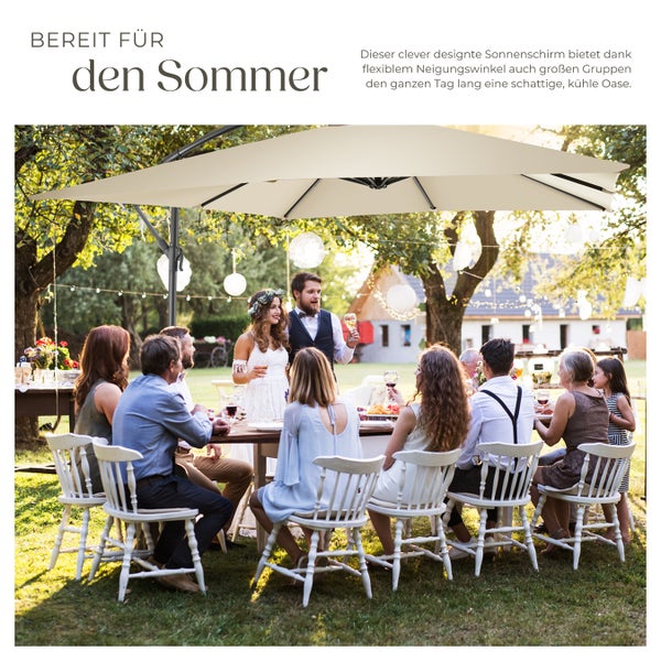 Detailansichten eines Sonnenschirms mit seitlichem Mast, verstellbarem Neigungswinkel, reißfesten Gurten und Kurbelmechanismus