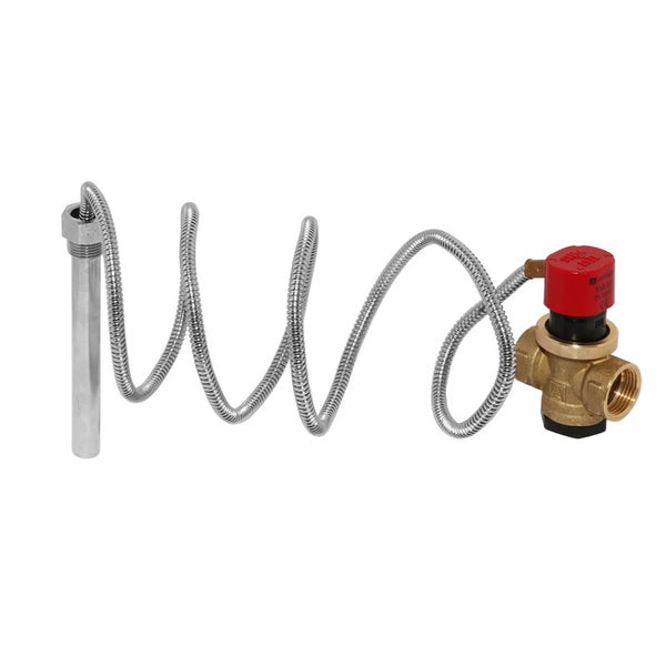 Thermische Ablaufsicherung mit flexiblem Kapillarrohr, Tauchfühler aus Metall und Messingventil mit roter Kappe.