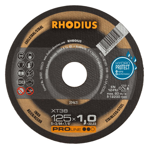 RHODIUS Trennscheibe XT38, 10 Stück, 125 x 1,0 x 22,23 mm für Edelstahl, Stahl, Metall, PROline