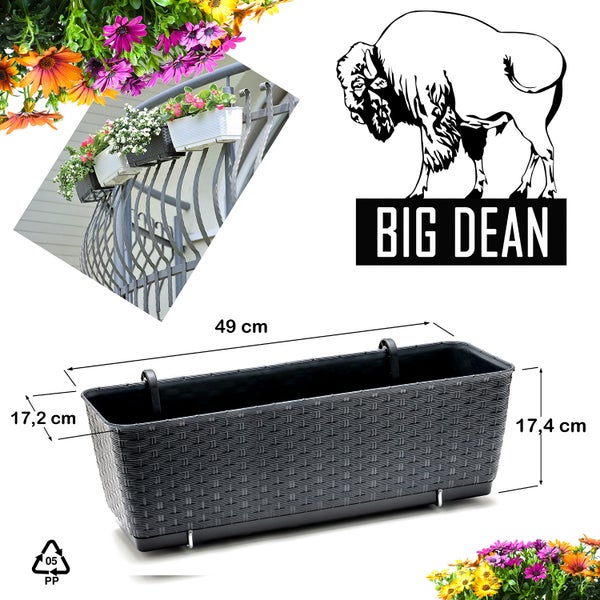 BigDean 2er Set Blumenkästen für Balkon-Geländer - Rattan-Optik - Anthrazit - Balkonkästen mit Metall-Halterungen - 49 x 17 x 17 cm - inkl. Bewässerungssystem