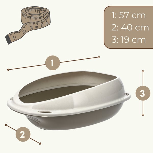 Offene Katzentoilette mit Maßen: Länge 57 Zentimeter, Breite 40 Zentimeter und Höhe 19 Zentimeter.