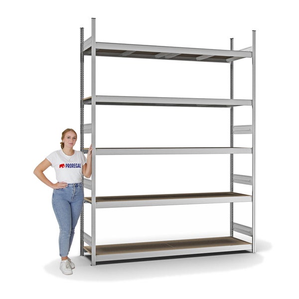 PROREGAL Weitspannregal Stecksystem T-Profil Grundregal HxBxT 300x225x50 cm 5 Ebenen Spanplatten Fachboden Fachlast 350 kg Verzinkt